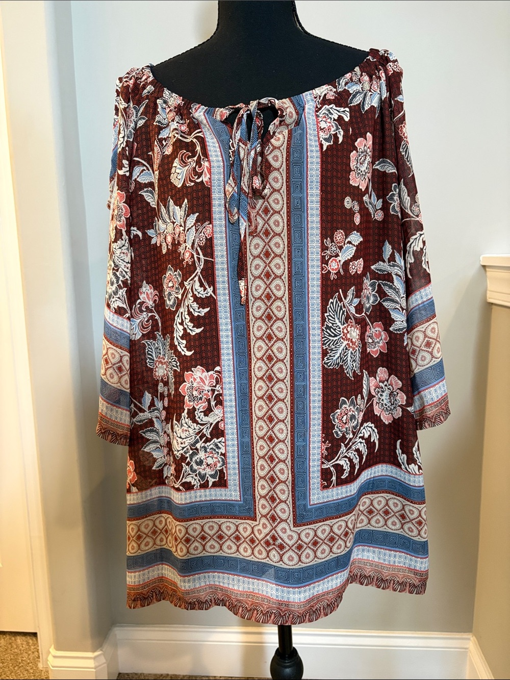 Cocomo Boho Floral Border Print Peasant Mini Dress Size M